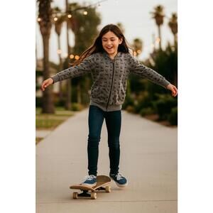 Fender Girls' Grey Zip-Up Hoodie with Skull Print